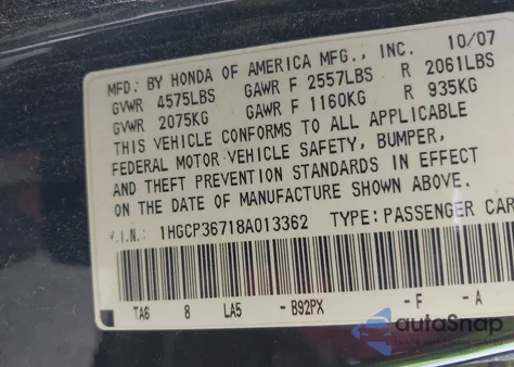 2008 Honda Accord 3.5 Ex из США, поврежденный, VIN 1HGCP36718A013362